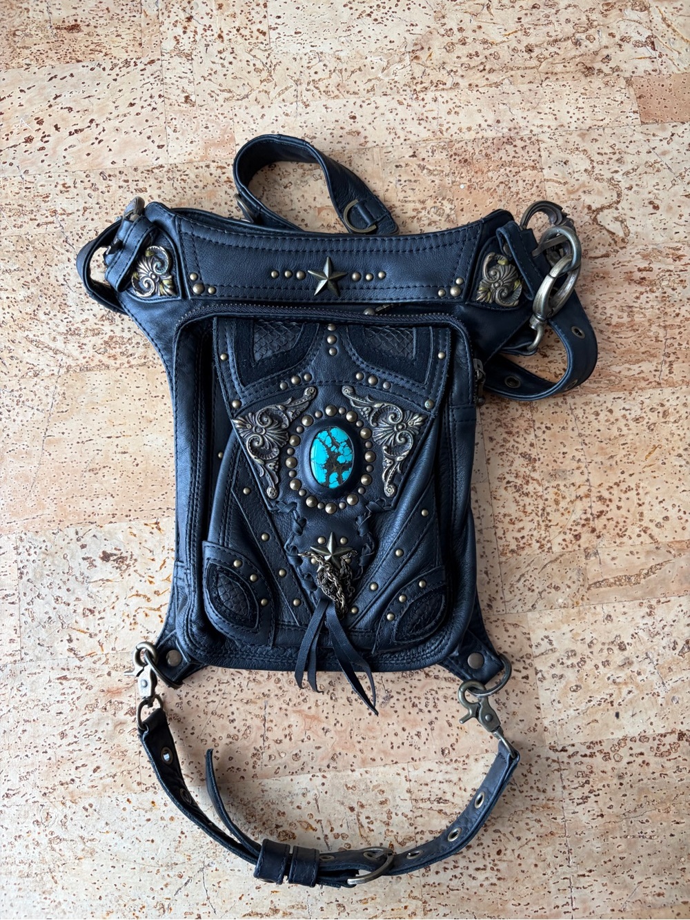 Black Leather Hip Bag with Turquoise